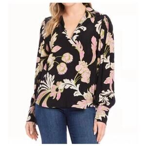 Karen Kane Pink Black Floral Blouse Top Womens M NWT Viscose $148